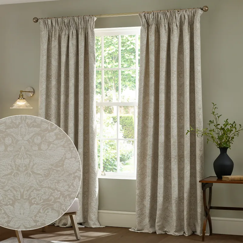 Strawberry Thief Jacquard Fully Lined Pencil Pleat Curtains Linen