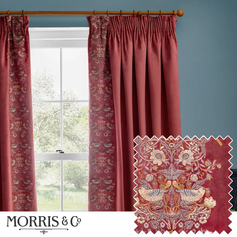 Strawberry Thief Fully Lined Embroidered Velvet Pencil Pleat Curtains Berry