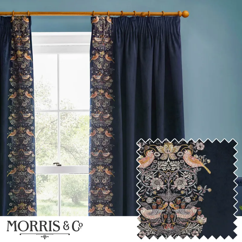 Strawberry Thief Fully Lined Embroidered Velvet Pencil Pleat Curtains Indigo