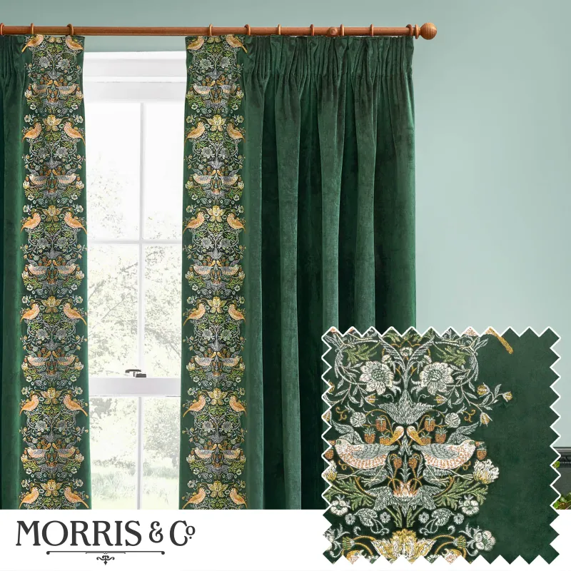 Strawberry Thief Fully Lined Embroidered Velvet Pencil Pleat Curtains Forest Green
