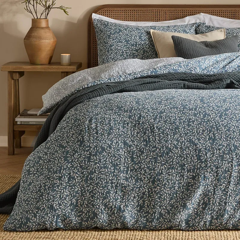 Perrie Leaf Muslin 100% Cotton Duvet Cover Set Denim