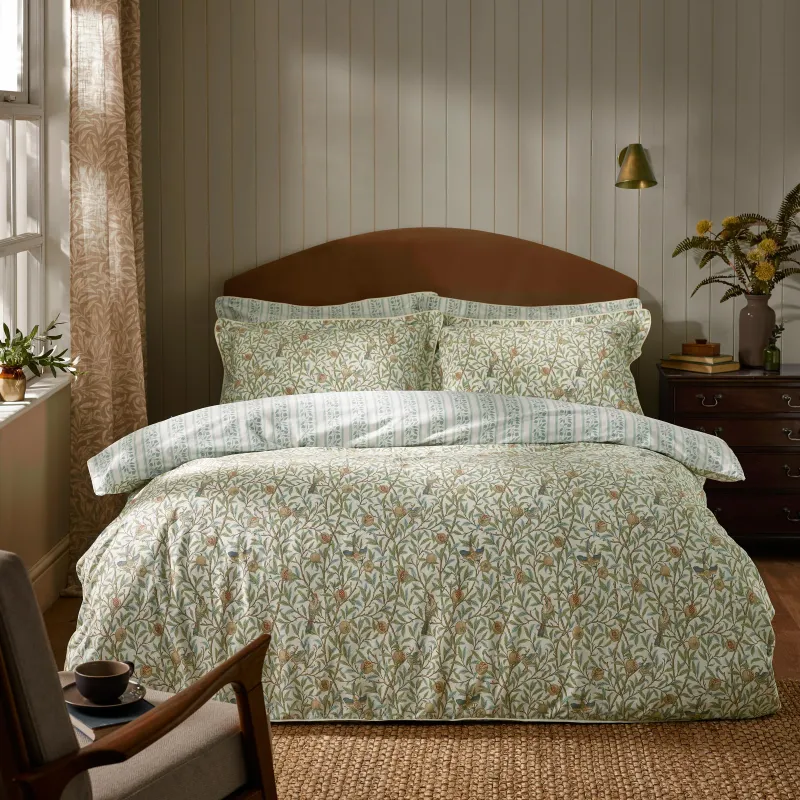 Bird & Pomegranate Reversible 100% Cotton Duvet Cover Set Sage