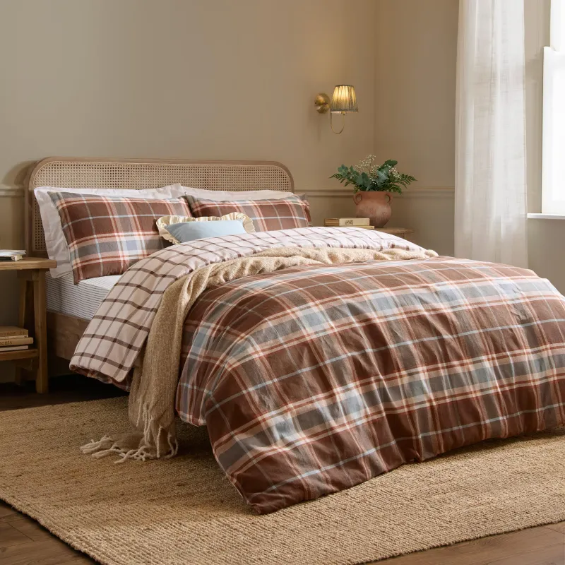 Braemar Check Soft Brushed Cotton Duvet Cover Set Chocolate/Blue