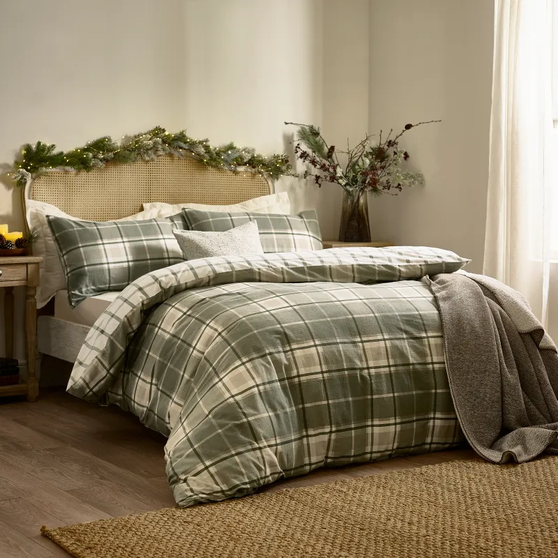 Braemar Check Soft Brushed Cotton Duvet Cover Set Green/Natural