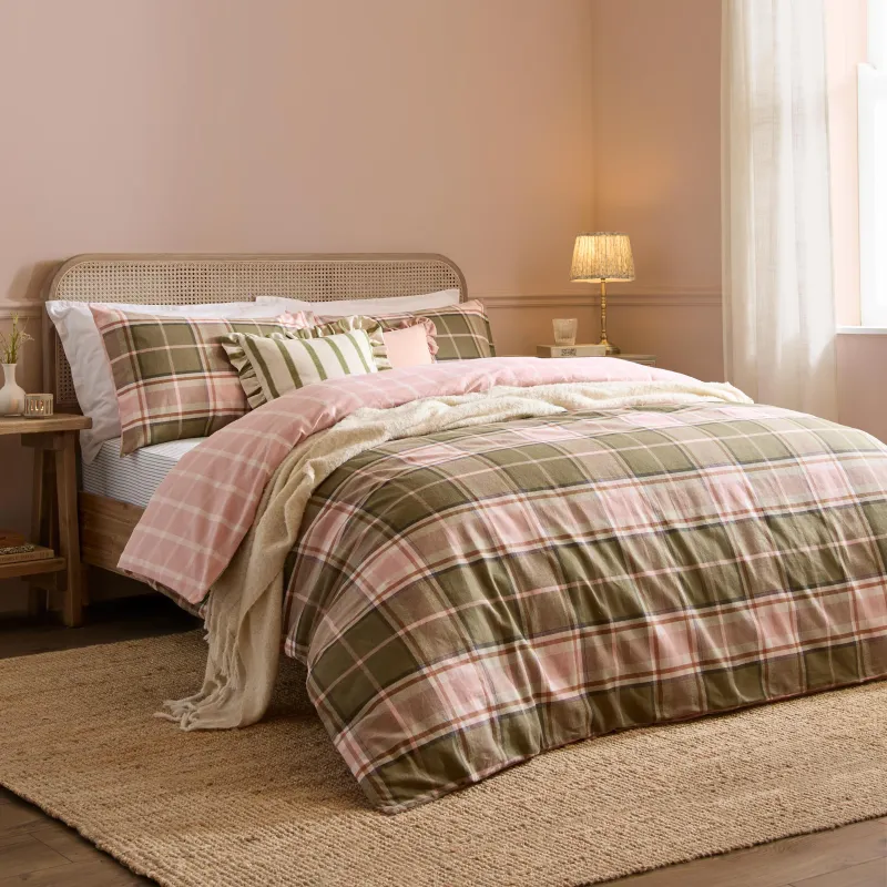 Braemar Check Soft Brushed Cotton Duvet Cover Set Pink & Green