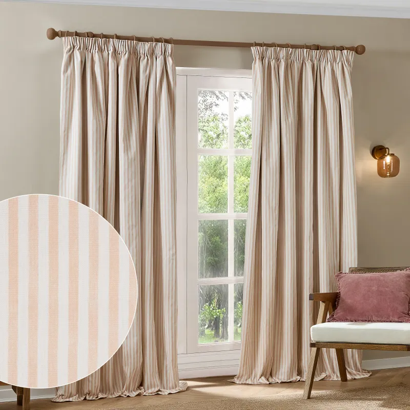 Hebden Striped 100% Cotton Lined Pencil Pleat Curtains Blush