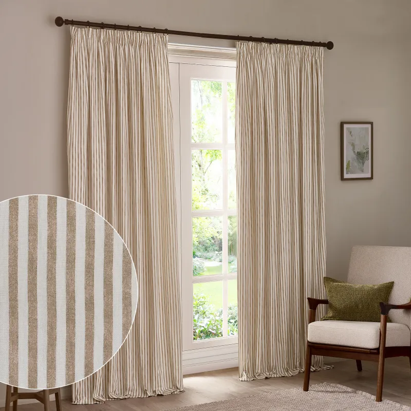 Hebden Striped 100% Cotton Lined Pencil Pleat Curtains Natural
