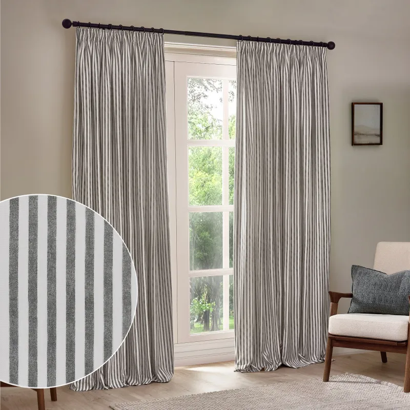 Hebden Striped 100% Cotton Lined Pencil Pleat Curtains Grey