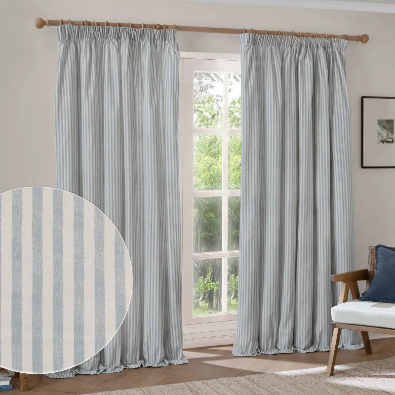 Hebden 100% Cotton Blackout Pencil Pleat Curtains Mineral Blue