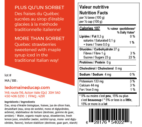 Sorbet fraise érable 300g - sans gras sans lactose