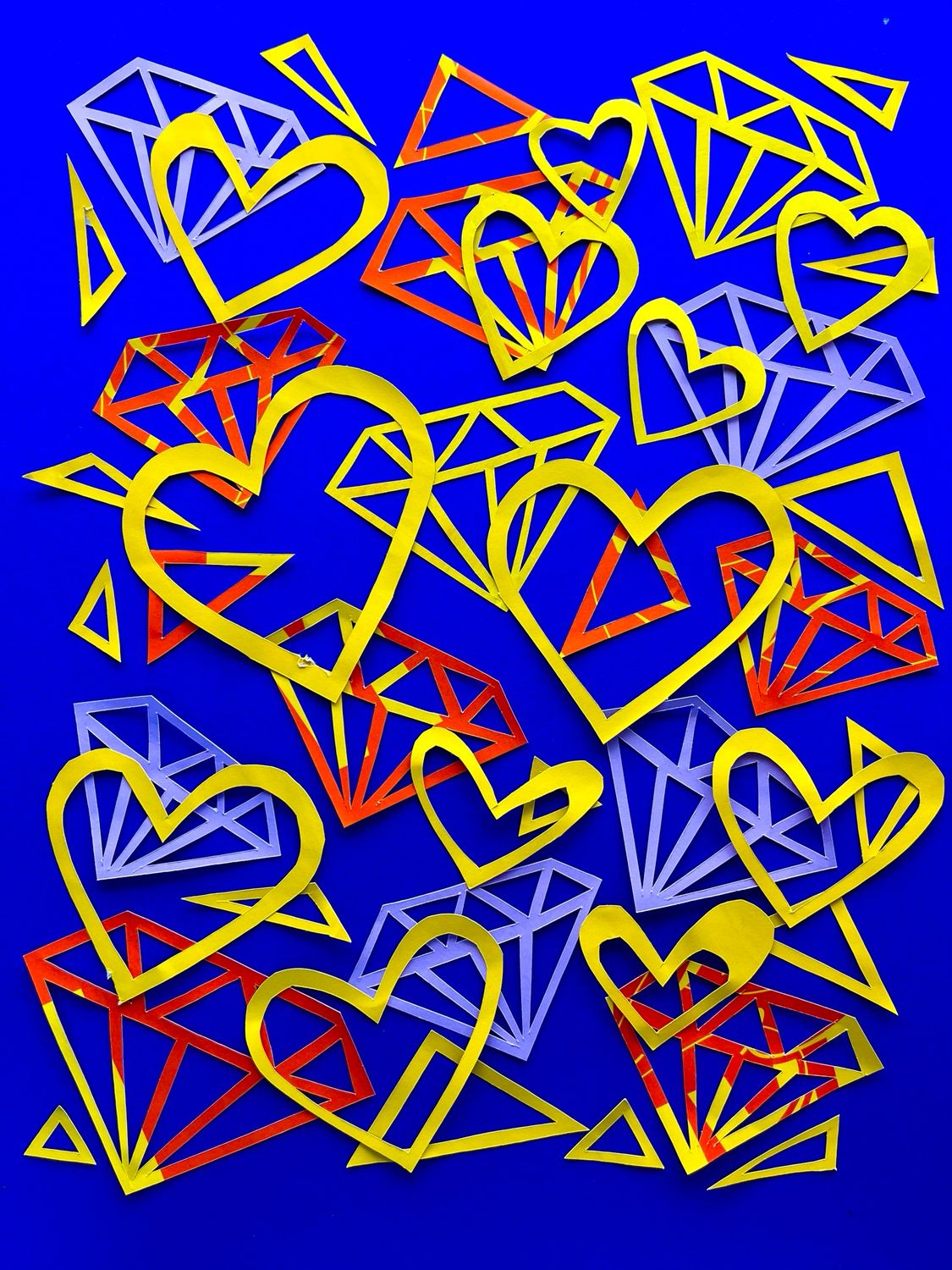 Blue &amp; Yellow Diamond Hearts – Navy Edition – Diamond-Shaped Cutout Collage
