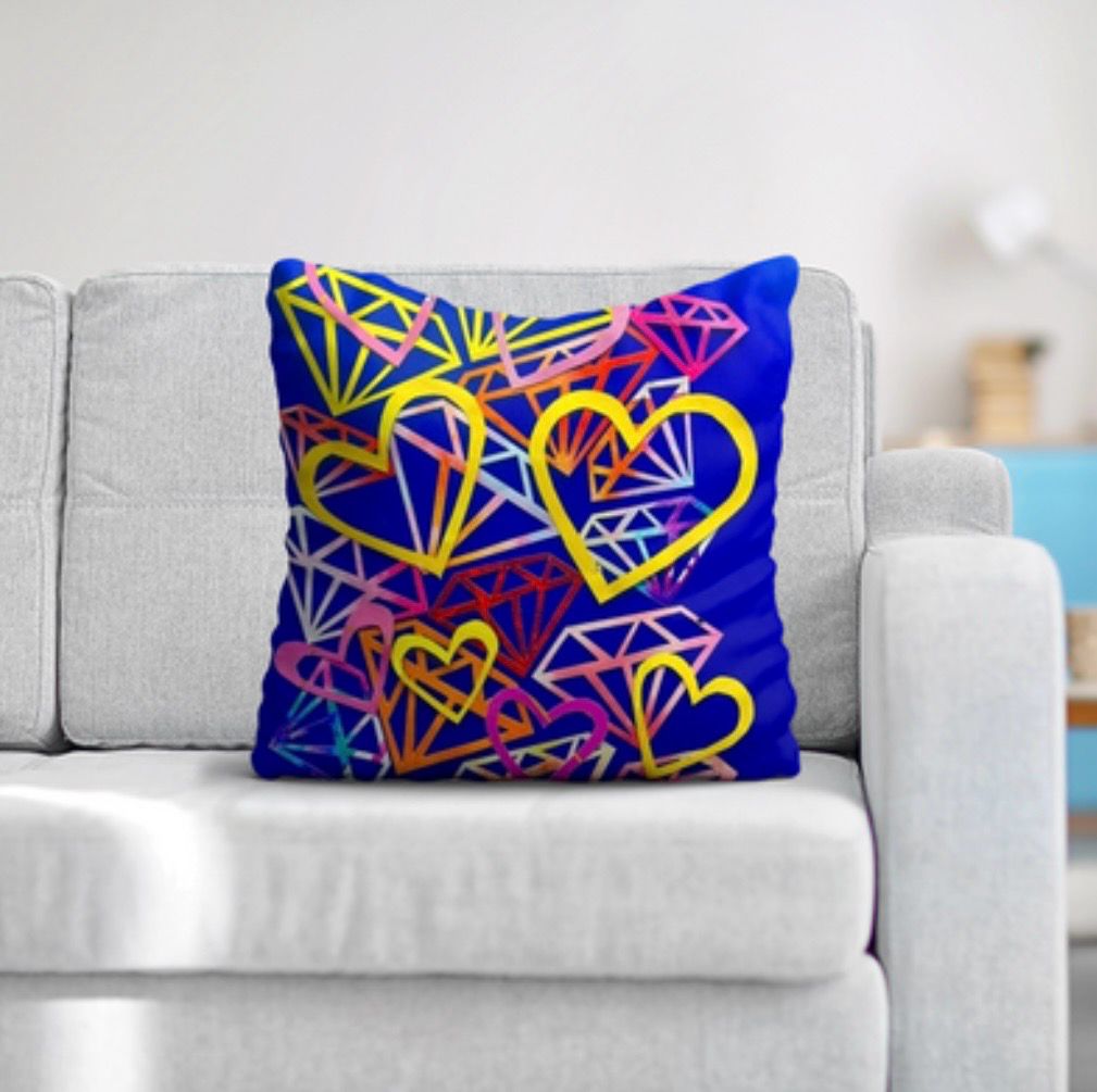 Diamonds &amp; Hearts Art Pillow Blue – 40 x 40 cm