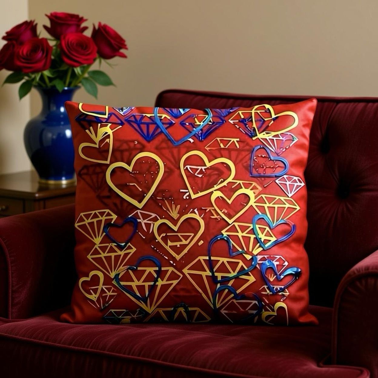 Diamonds &amp; Hearts Art Pillow Red– 40 x 40 cm