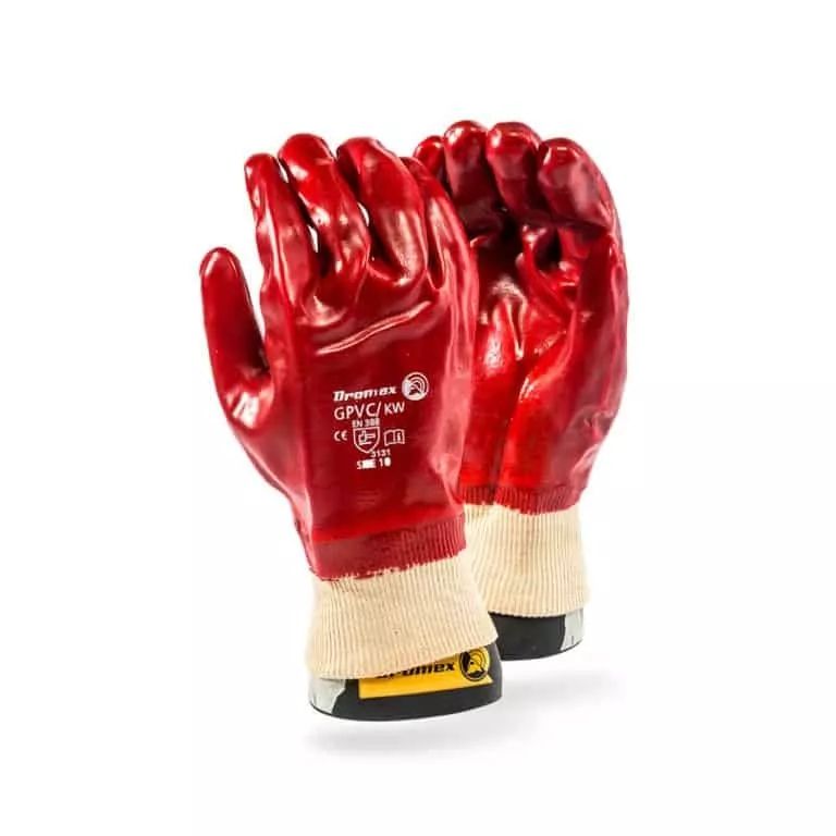 STANDARD WEIGHT RED PVC COATED GLOVES, INTERLOCK LINED – KNITTED WRIST