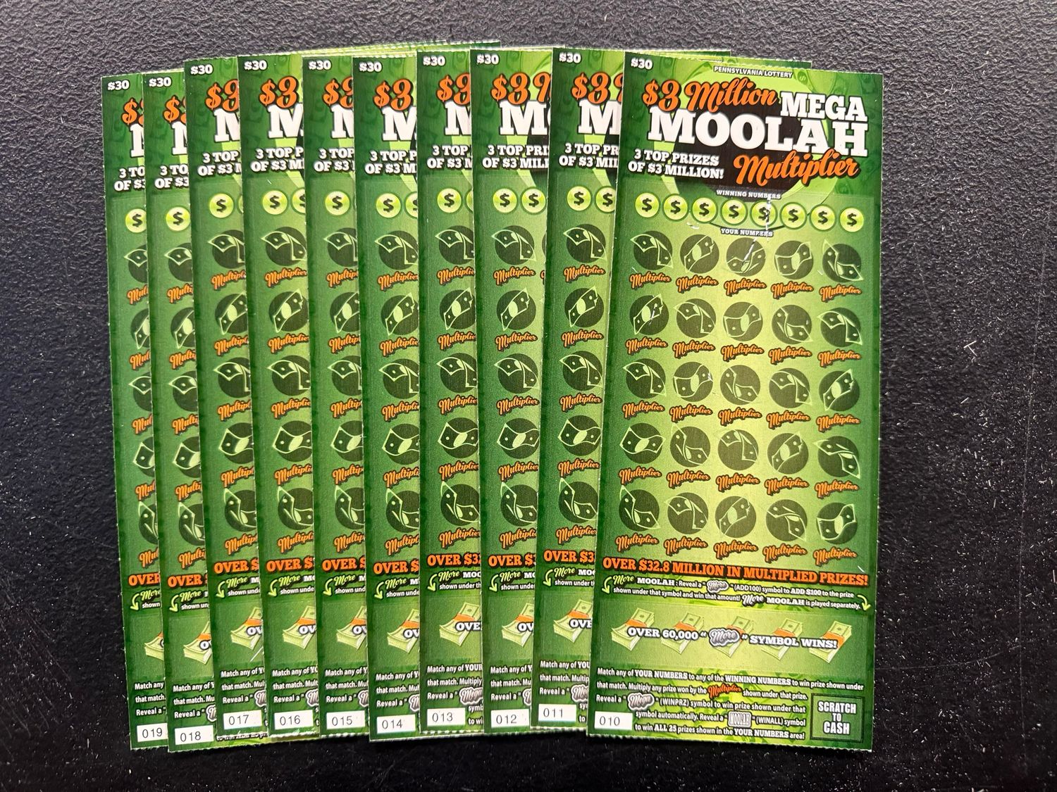 08.25.25 $300 in $3 Million Mega Moolah Multiplier Scratch Offs - Tickets 010-019
