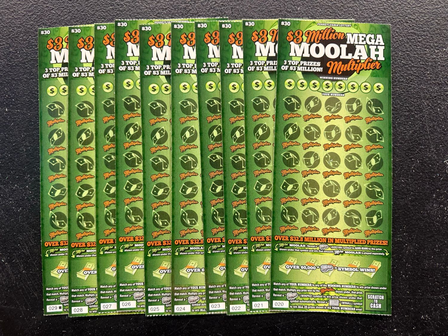 08.26.25 $300 in $3 Million Mega Moolah Multiplier Scratch Offs - Tickets 020-029