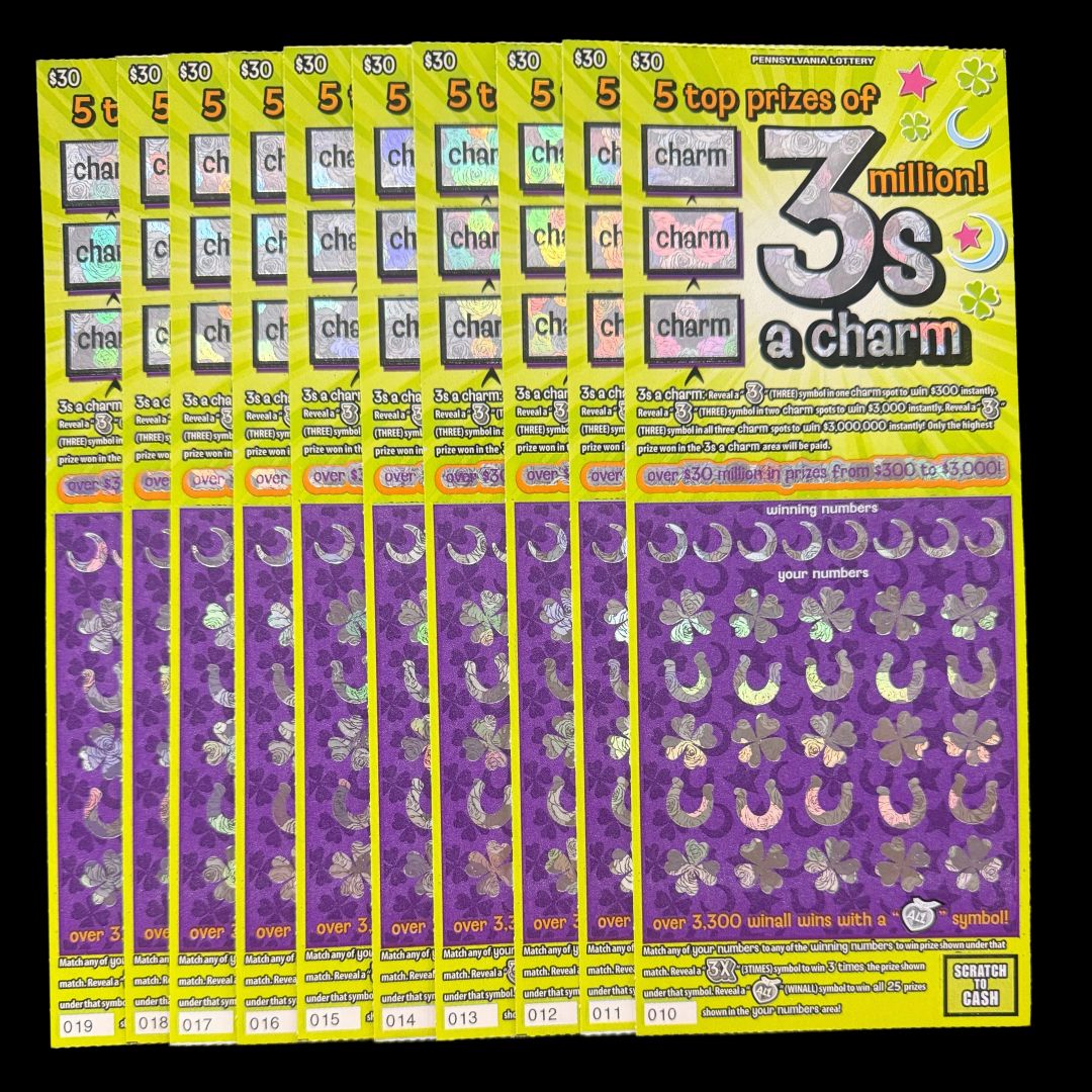 09.06.25 $300 in 3s a Charm PA Lottery Tickets 010-019