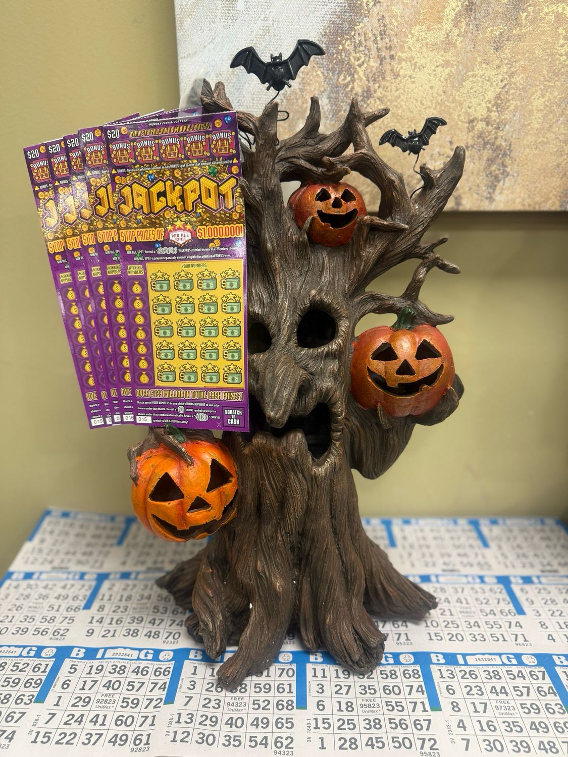 09.10.25 18-inch Lighted Haunted Tree Figurine + $100 in PA Scratchers