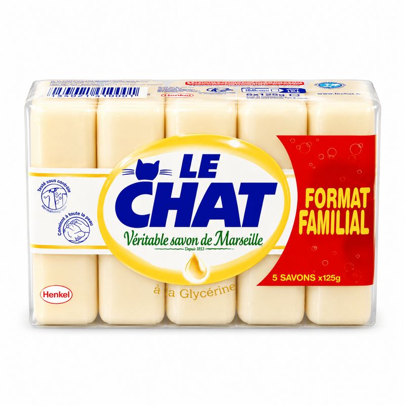 Savon LE CHAT à la glycérine - Format familial 5X125g Savon LE CHAT à la glycérine - Format familial 5X125g