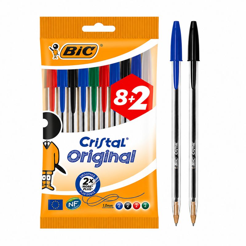 Stylo Cristal Bleu Rouge Vert Noir - 10 BIC