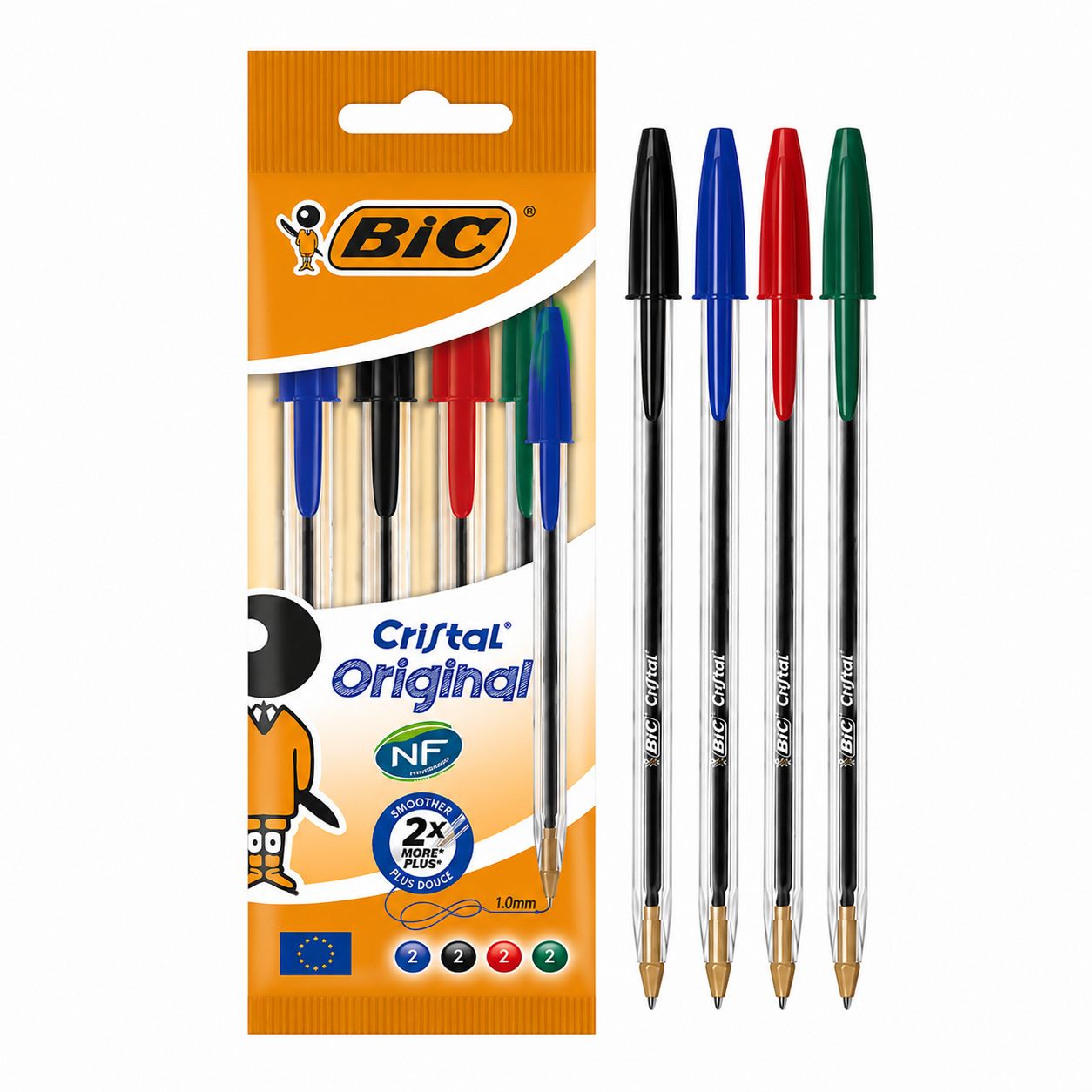 Stylo Cristal Bleu Rouge Vert Noir - 4 BIC