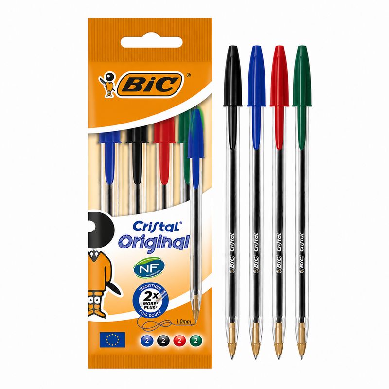 Stylo Cristal Bleu Rouge Vert Noir - 4 BIC