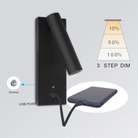 LED Leseleuchte, 3W, schwarz, mit USB-A und USB-C Ladebuchse, warmweiß, 3 Stufen dimmbar