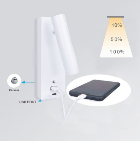LED Leseleuchte, 3W, weiß, mit USB-A und USB-C Ladebuchse, warmweiß, 3 Stufen dimmbar