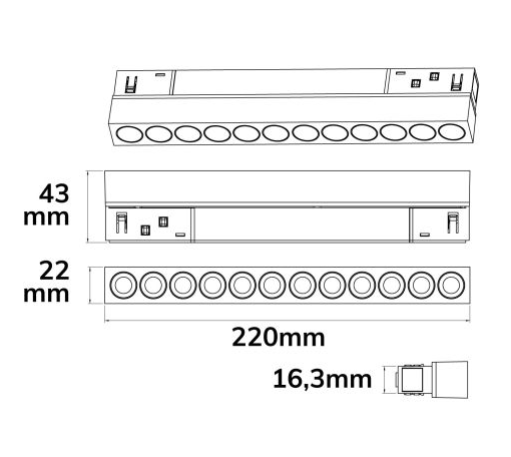 Track48 Rasterleuchte 22cm schwarz, 12W, 36°, UGR&lt;19, 48V DC, 3000K, CRI90, DALI dimmbar
