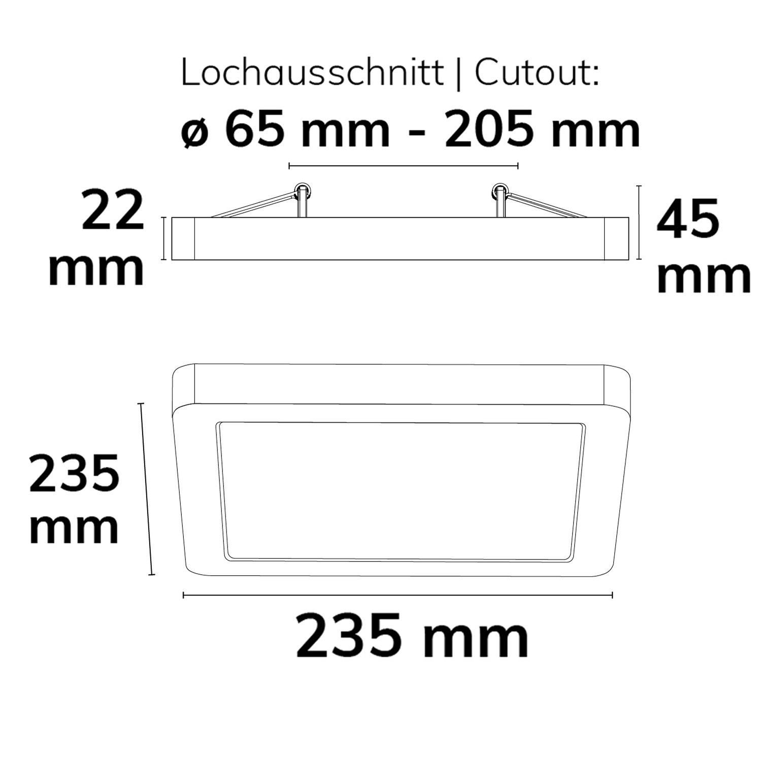 LED Aufbau/Einbauleuchte 235x235, 16W, weiß, 120lm/W, 3000|3500|4000K, dimmbar