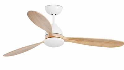 Poros 132cm White-Pine Ceiling Fan with Light &amp; Remote Control by Faro