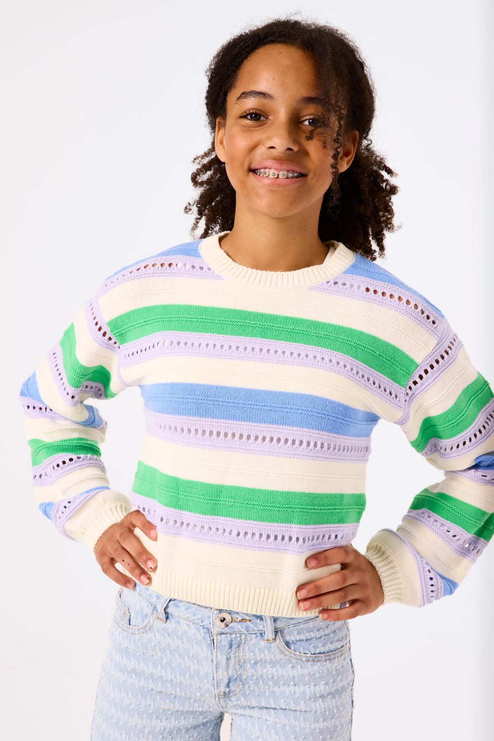 Pull maille beige, vert et mauve