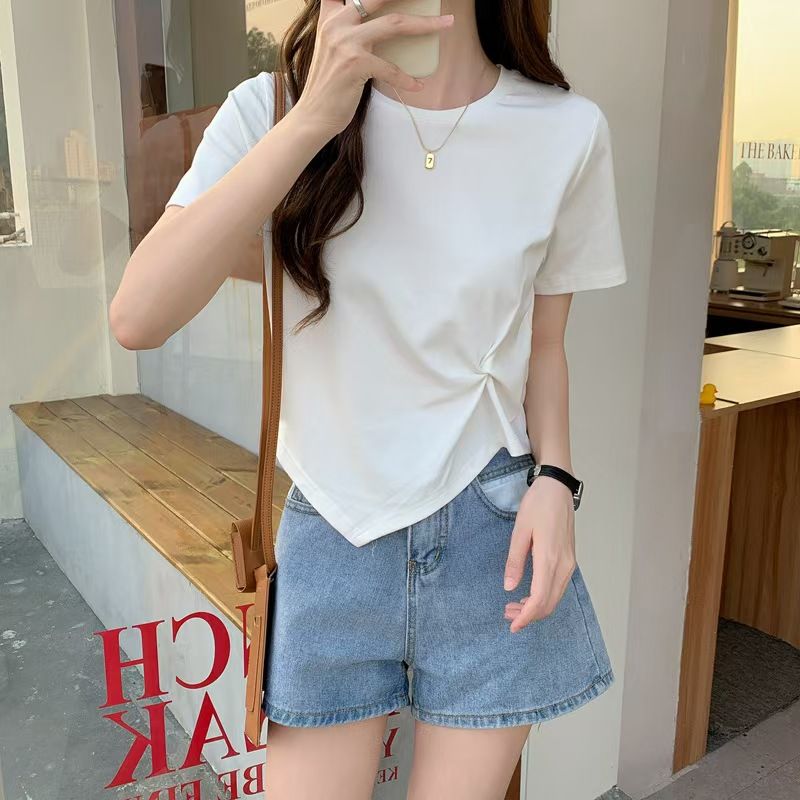 Casual Cotton Blend Women's T-Shirt, Asymmetrical Twist Design