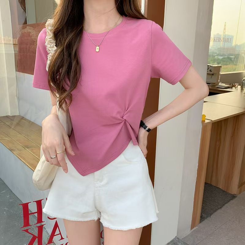 Casual Cotton Blend Women's Pink Top and White Shorts Set
