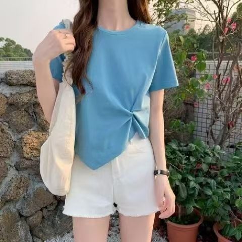 Casual cotton blend women's blue top and white shorts set
