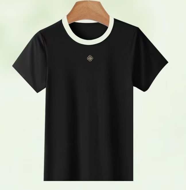 Minimalist Chic: Black &amp; White Collar Embroidered T-Shirt for Men/Women