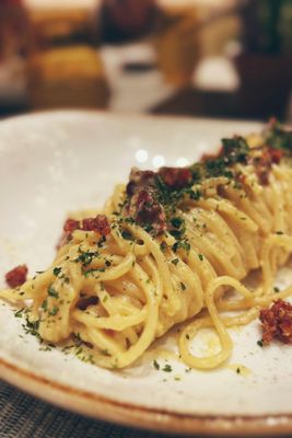 Spaghetti Alla Carbonara (A deviation from the Traditional Spaghetti with Tender Chicken, Mushrooms served with a Creamy White Sauce)