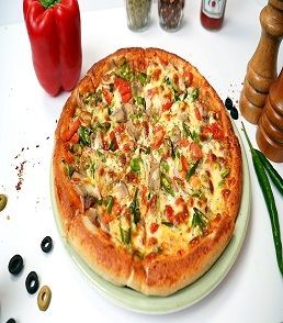 
A vibrant Pizza Vegetarian topped with an assortment of fresh vegetables, including bell peppers, onions, tomatoes, olives, and mushrooms, layered over melted mozzarella cheese on a crispy, golden crust. The colorful toppings add a fresh, appetizing look, making it a perfect choice for veggie lovers. Served hot on a rustic wooden board, ready to enjoy.