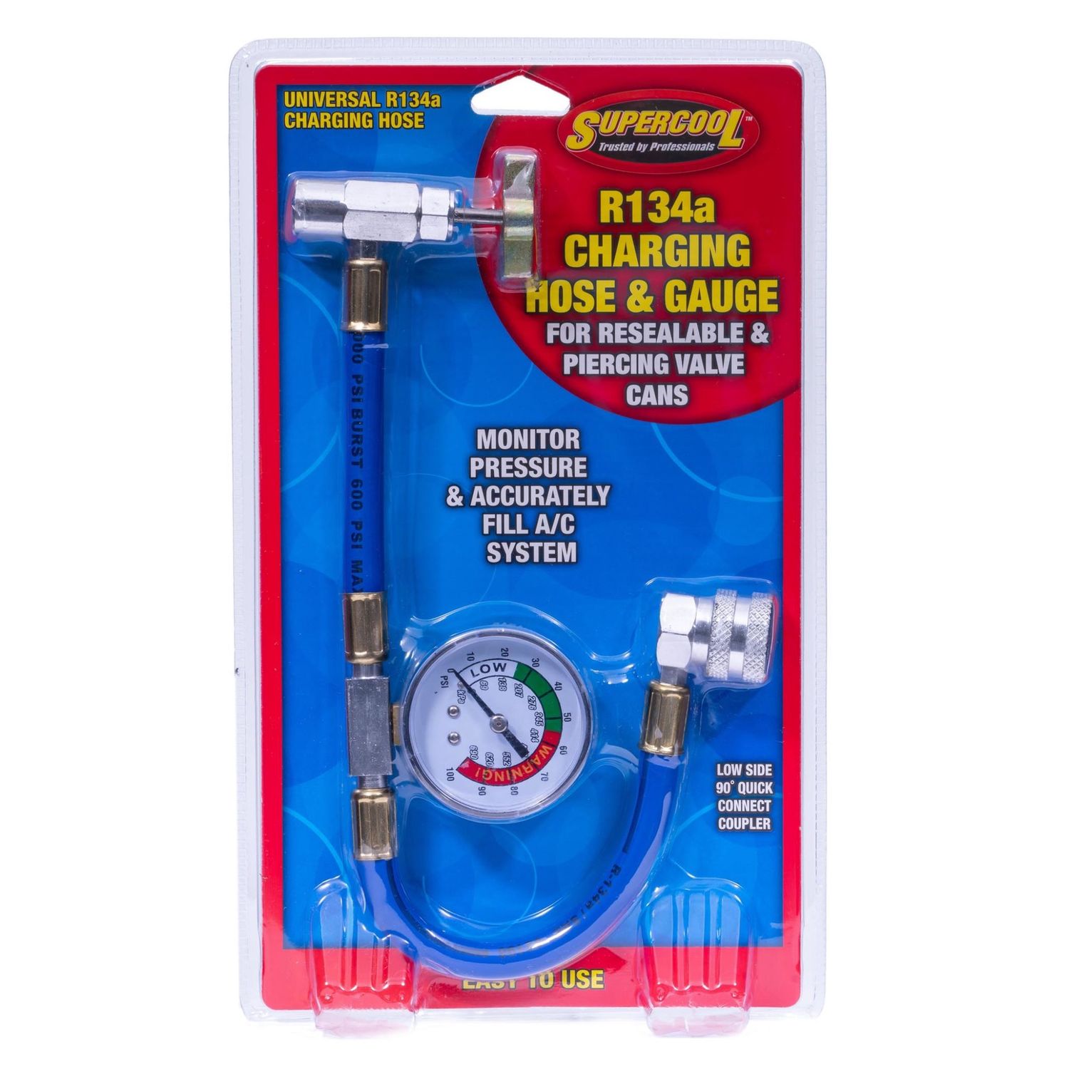 SUPERCOOL R134aCHARGING HOSE GAUGE FOR RESEALABLE PIERCING VALVE CANS
