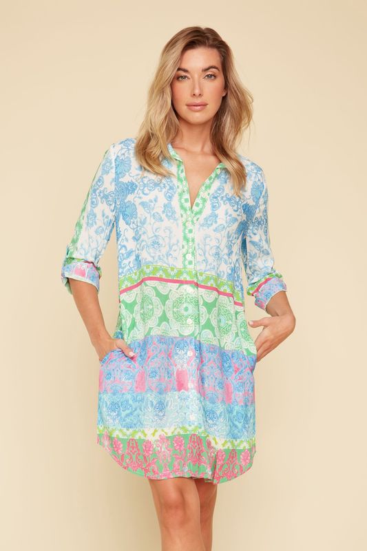 Blouse boutonnée avec poches imprimée - Aqua