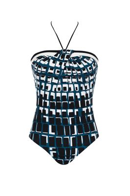 Maillot une pièce sans bretelles blanc, noir et g. bleu