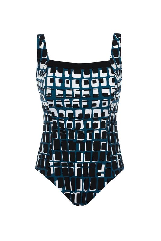 Maillot une pièce encolure carrée Géo, blanc, noir et gris