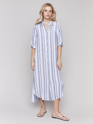 Robe-chemisier long boutonné à rayures bleues