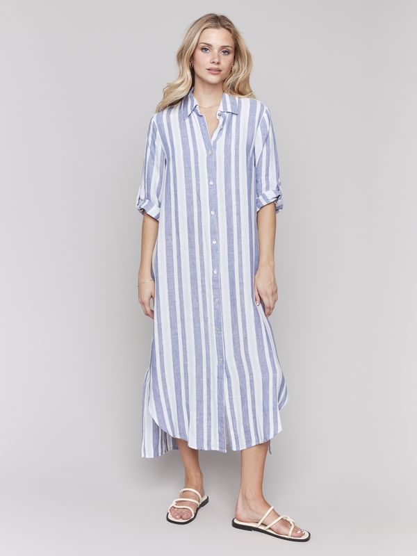 Robe-chemisier long boutonné à rayures bleues