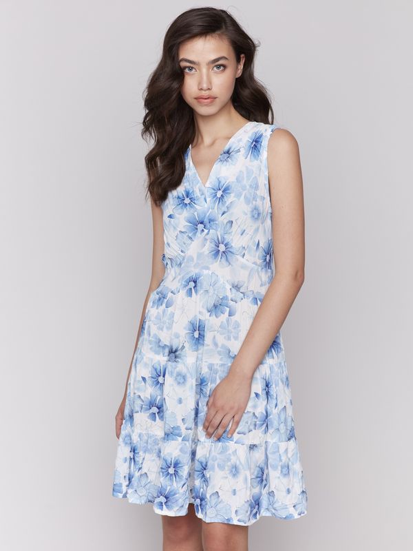 Robe col en V à motifs et volants - Céleste