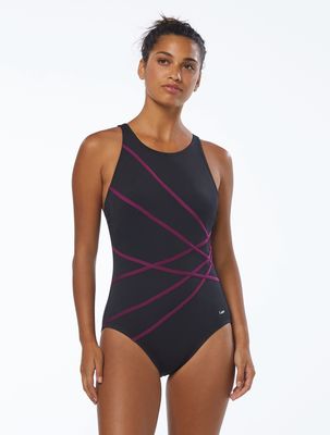 Maillot une pièce encolure haute Colorbloked - Cabernet