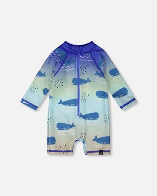 Rashguard à manches longues une-pièce bleu imprimé baleines pour bébé et garçon