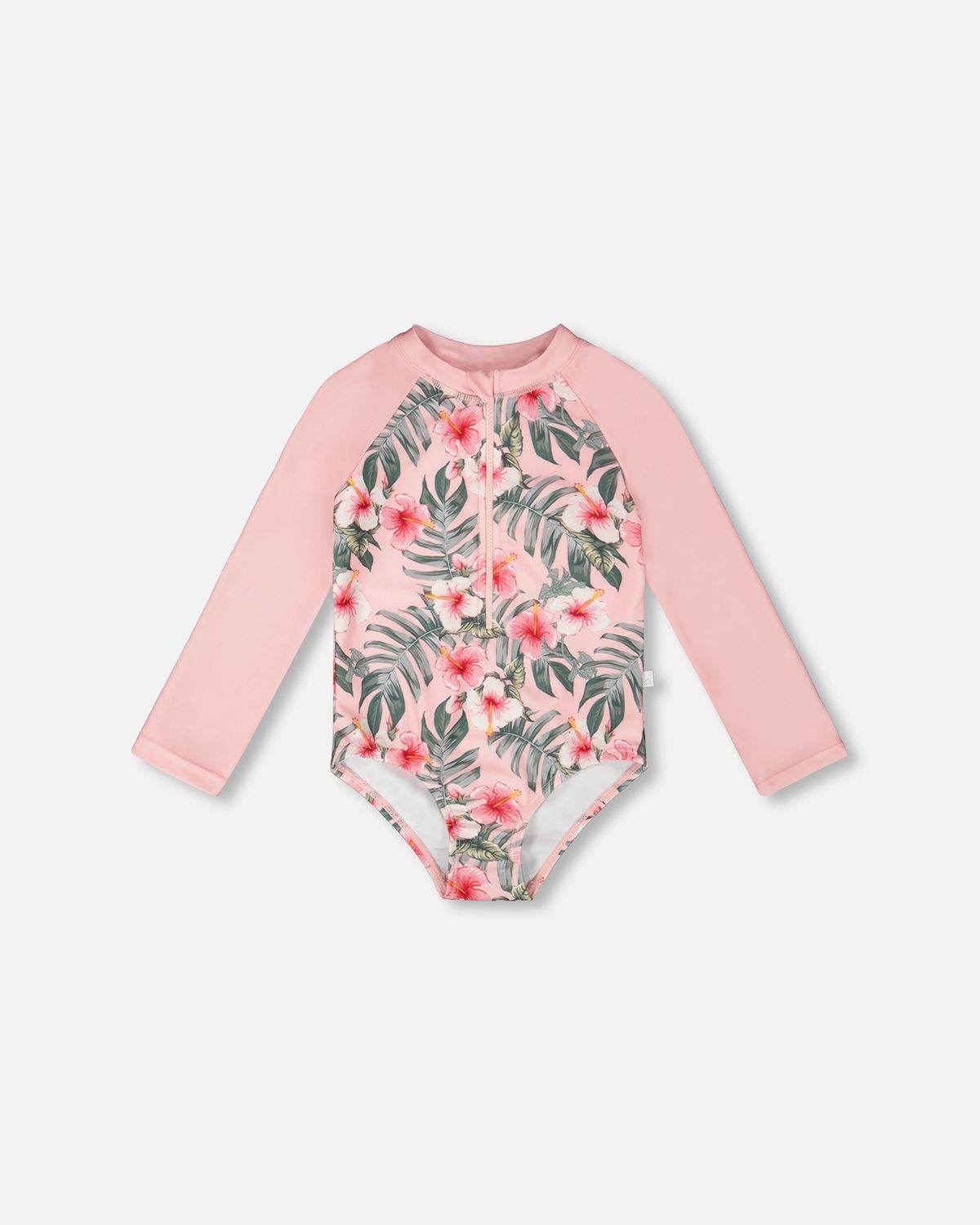 Rashguard à manches longues une-pièce rose imprimé hibiscus