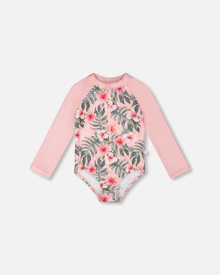 Rashguard à manches longues une-pièce rose imprimé hibiscus
