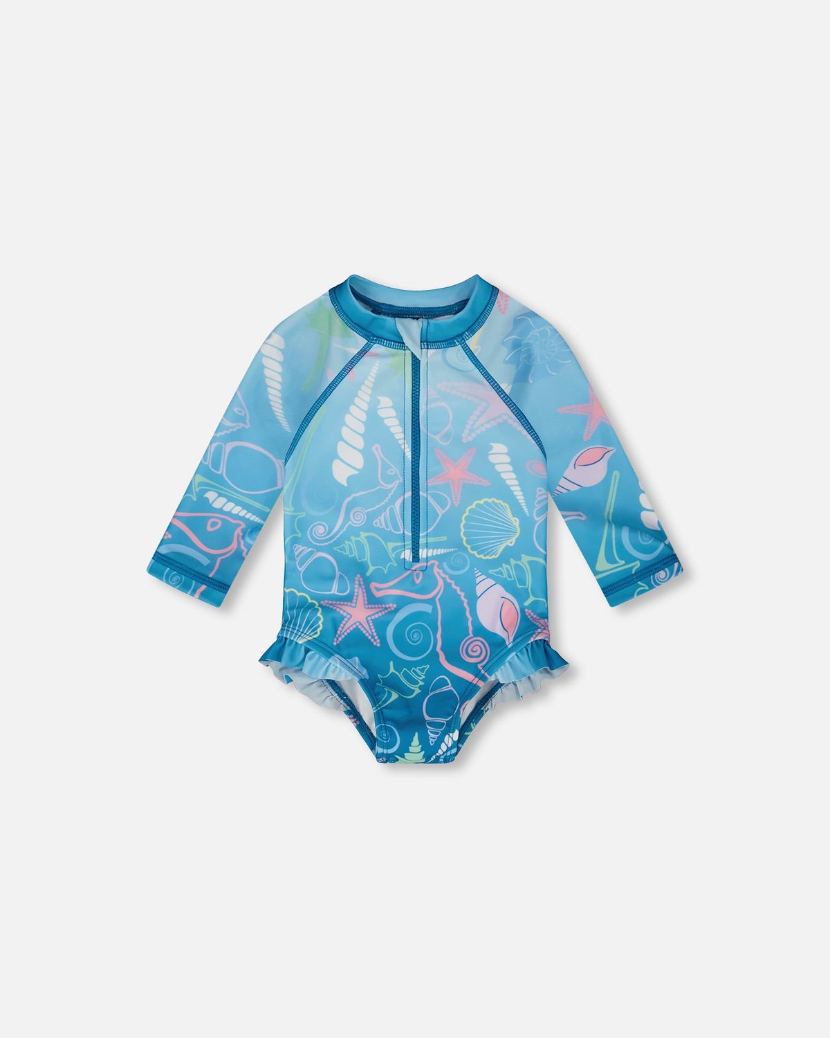 Rashguard à manches longues une-pièce bleu imprimé coquillages pour bébé et fillette